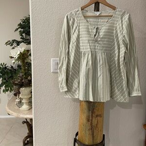 ✨Lucky Brand Boho Peasant Top Green & White Stripes pristine condition SZ XL ✨